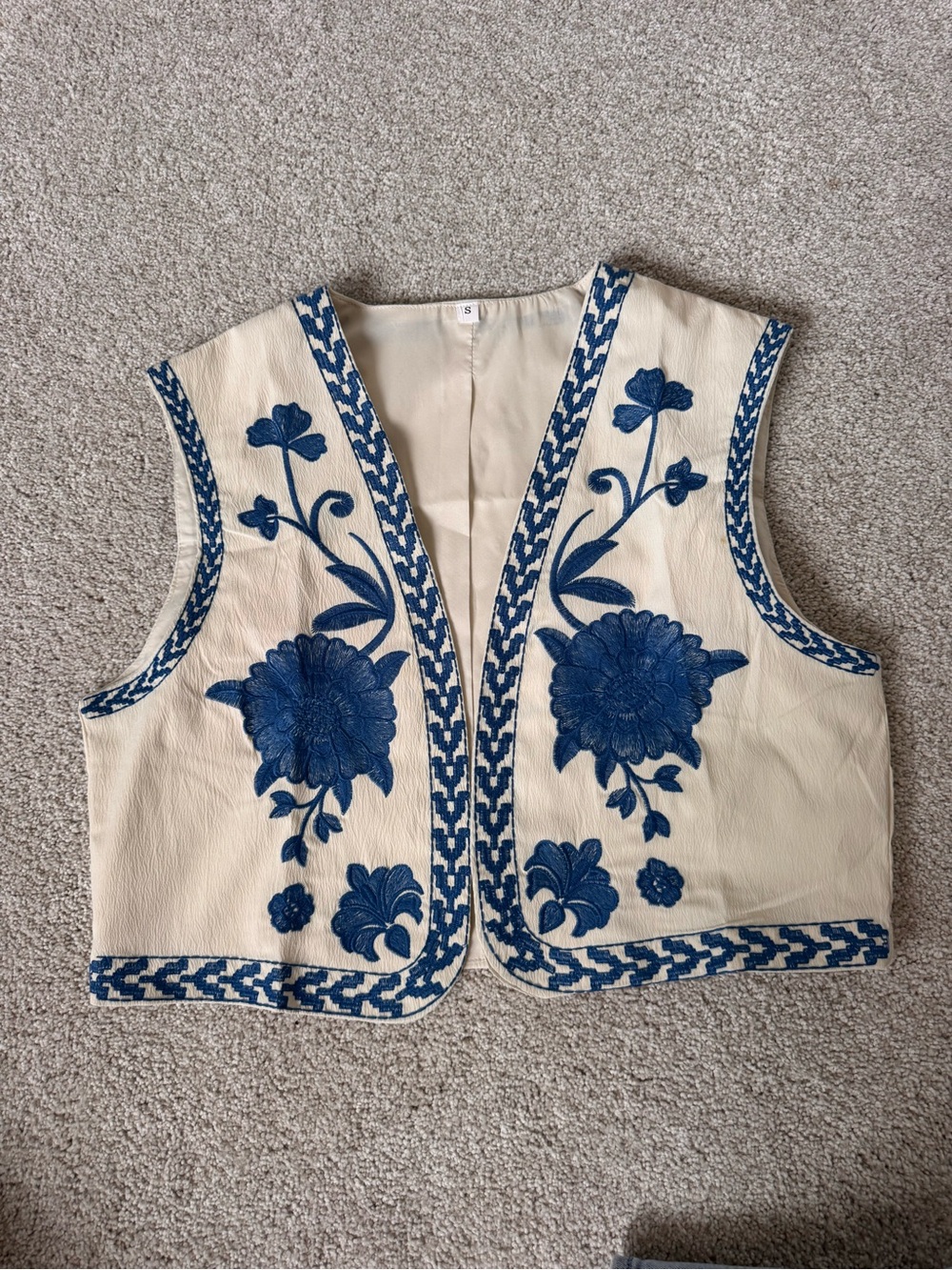 Cream Leather Vest with Blue Floral Embroidery